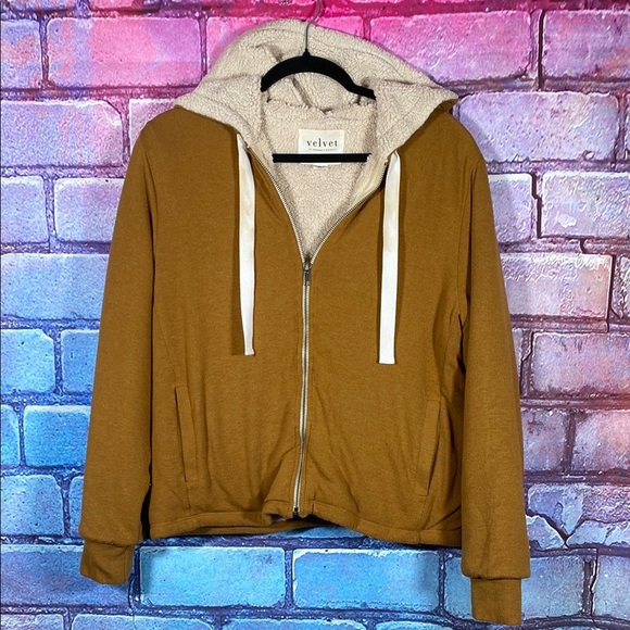 Velvet Hoodie M Brown Sherpa Zip-Up by Graham & Spencer Cozy Streetwear Jacket - Picture 1 of 8